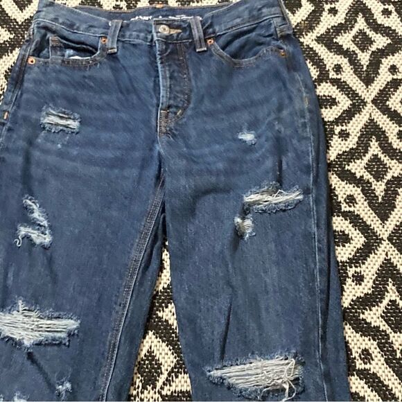 Old Navy High Rise Slouchy Straight distressed jeans size 0 medium wash button - Picture 2 of 10